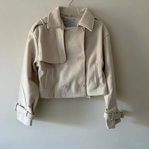 Long Belted Sleeves Cream Cropped Doubler Breasted Collar Neckline Coat - Picture 4 of 6